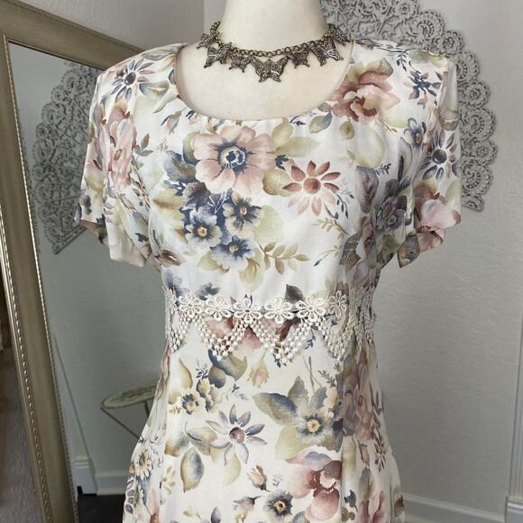 Vintage Milkmaid 80s Cream White Multi Cottage Core Flower Maxi Dress M / L - Picture 2 of 8